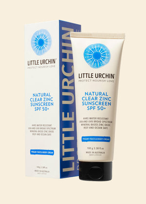 Close-up of LITTLE URCHIN Natural Clear Zinc Sunscreen tube